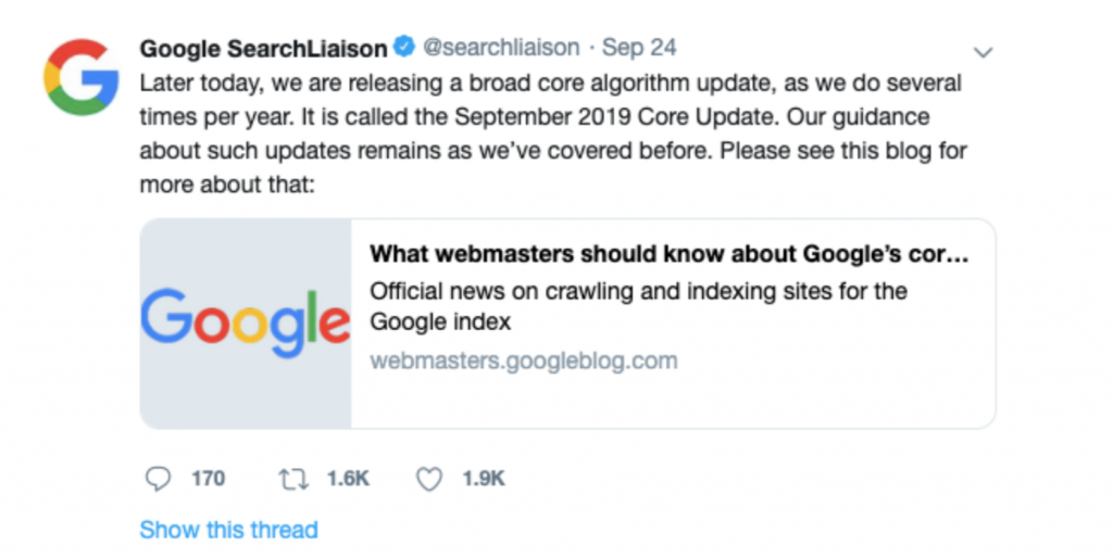 google-tweet-regarding-2019-algorithm-update